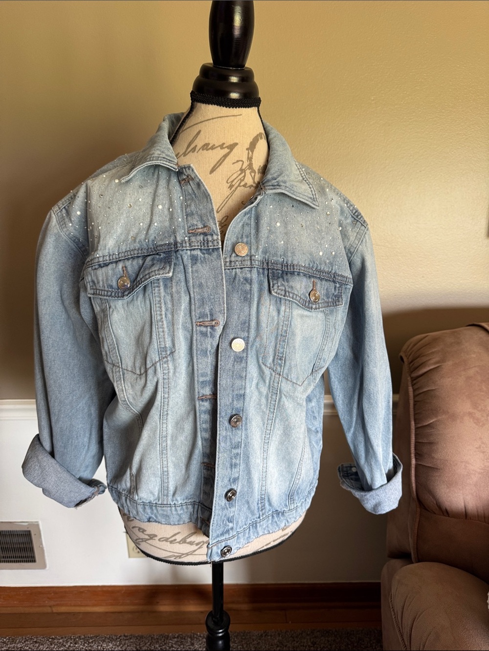 Maurices Light Blue Denim Jacket with Crystal Accents